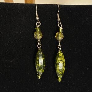 Green Dangle Statement Earrings Hooked Handmade 3" Faceted Ooblong Beads